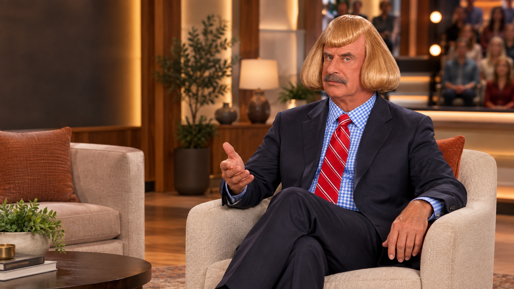 Dr. Jean Phil seated on a warm daytime therapy-show set